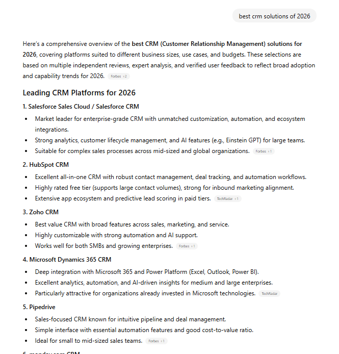 Screenshot of an AI generated answer highlighting top CRM brands for 2026, illustrating how LLMs surface brands through descriptive language instead of search result links.