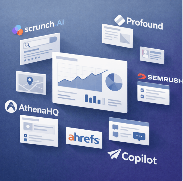 AI search visibility and SEO analytics tools including Scrunch AI, Profound, Semrush, AthenaHQ, and Ahrefs