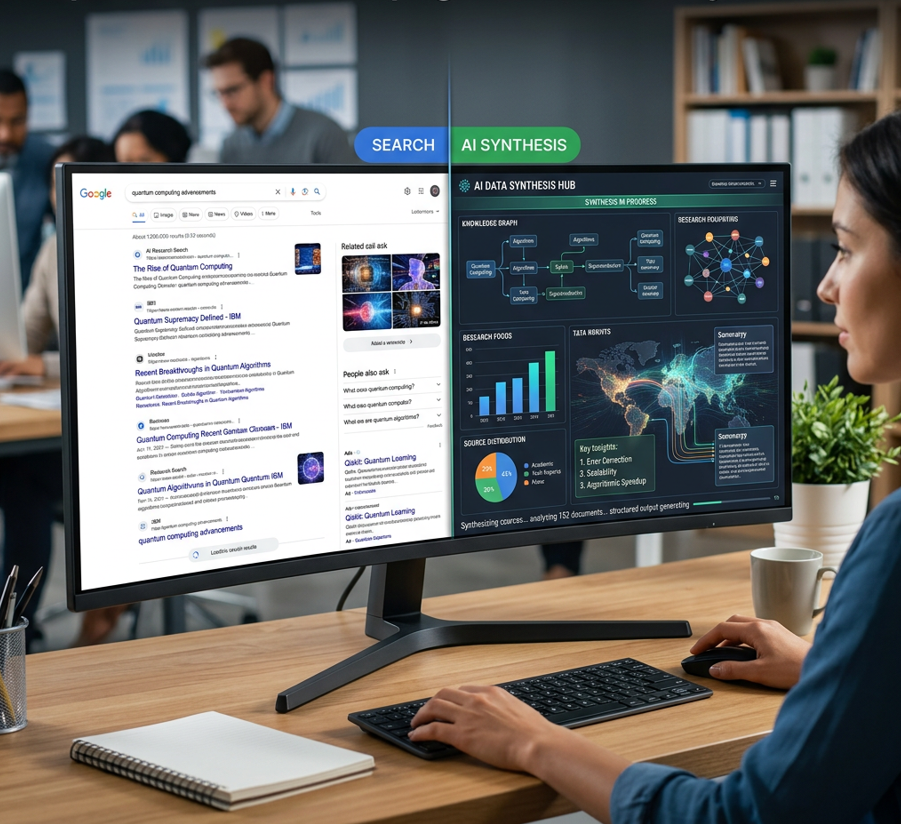 Split screen illustration comparing Google search results with AI generated information synthesis. The left side shows ranked search results and links, while the right side displays an AI system combining insights from multiple sources through charts and connected data visualizations.