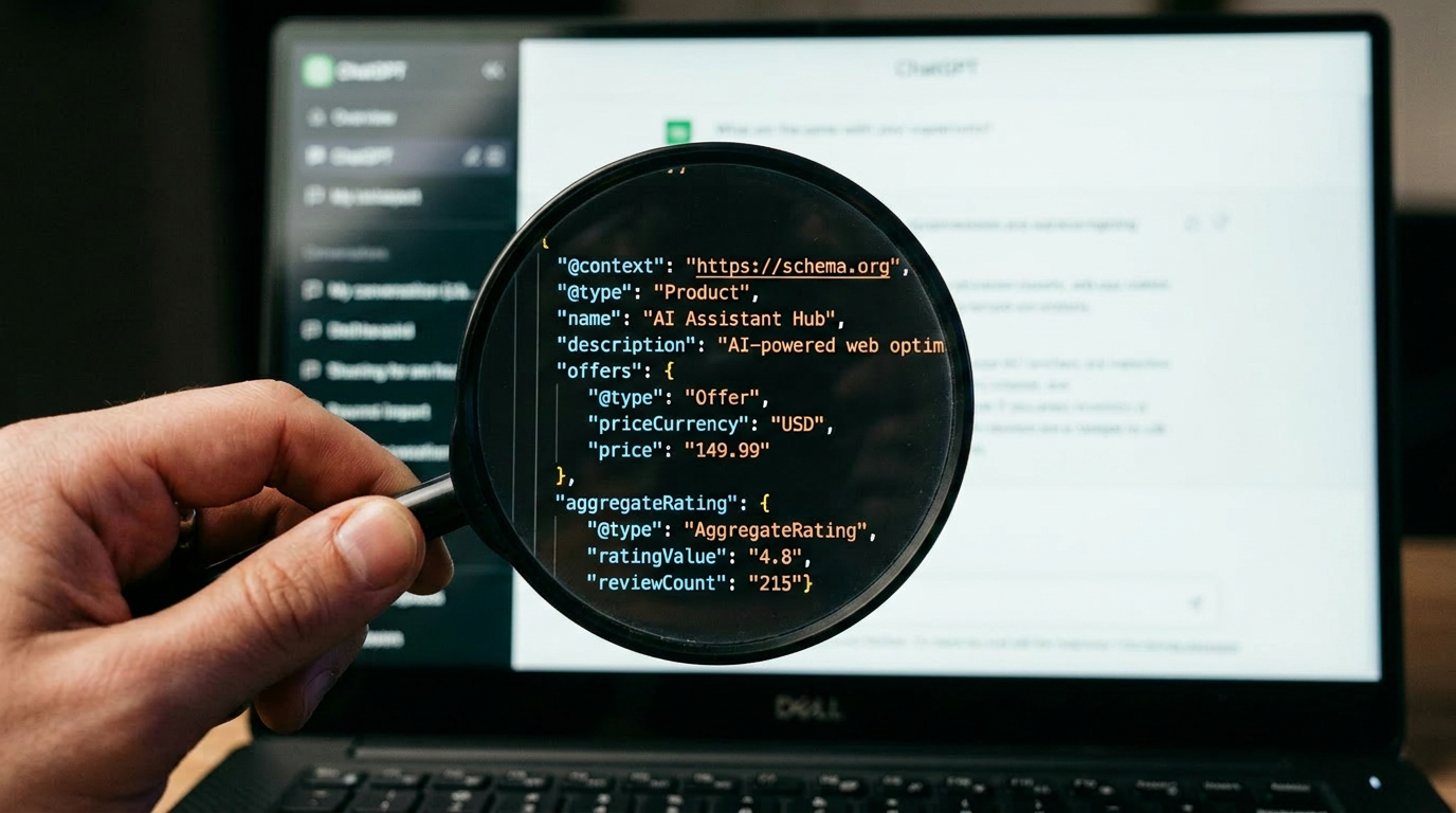 A webpage interface with visible JSON LD schema markup highlighted through a magnifying glass in the foreground. In the background, a blurred AI search answer panel displays a generated response and cited sources. The image symbolizes the examination of schema markup and its potential role in helping AI systems interpret, retrieve, and reference content in AI search results.