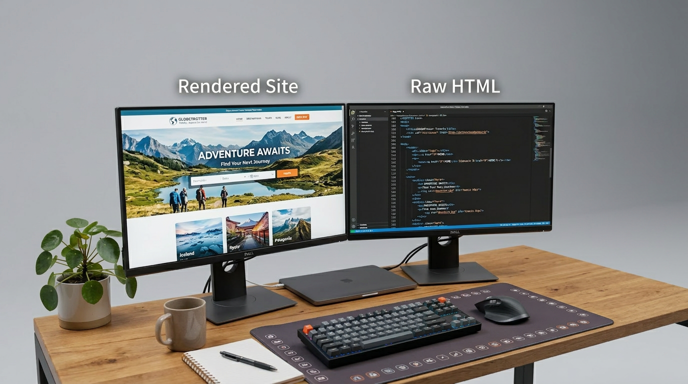 Two computer monitors on a desk, one displaying a rendered travel website, the other showing HTML code editor.