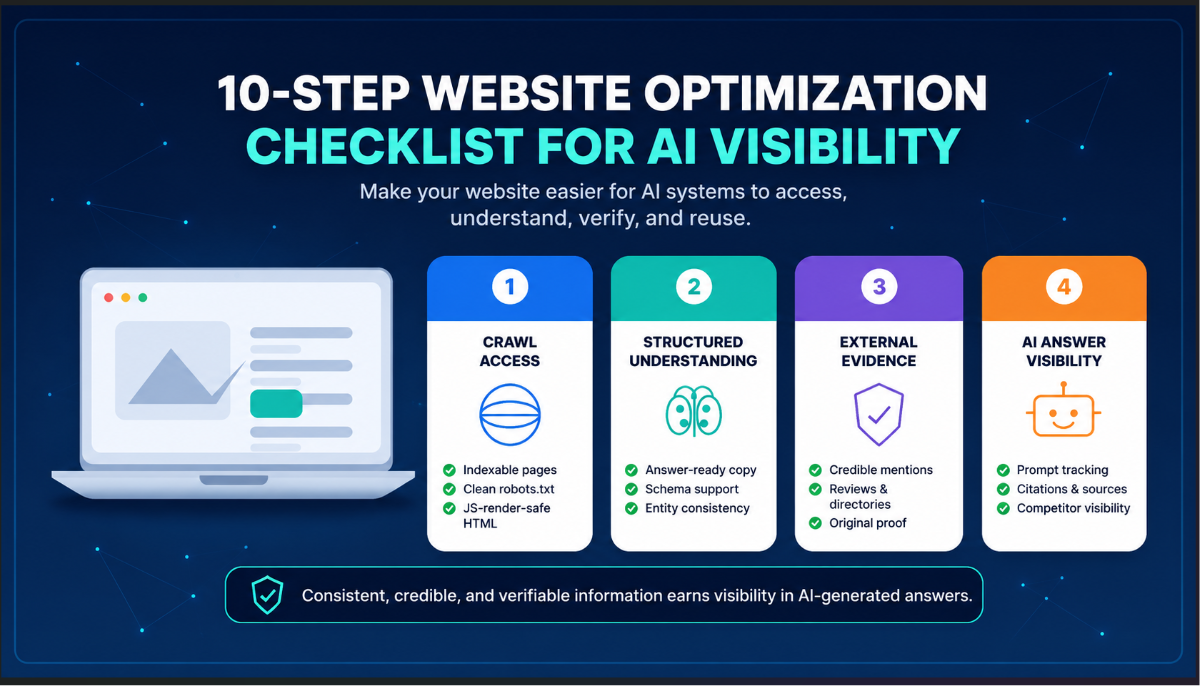 Website optimization checklist for AI visibility showing crawlability, schema, citations, and AI answer tracking.