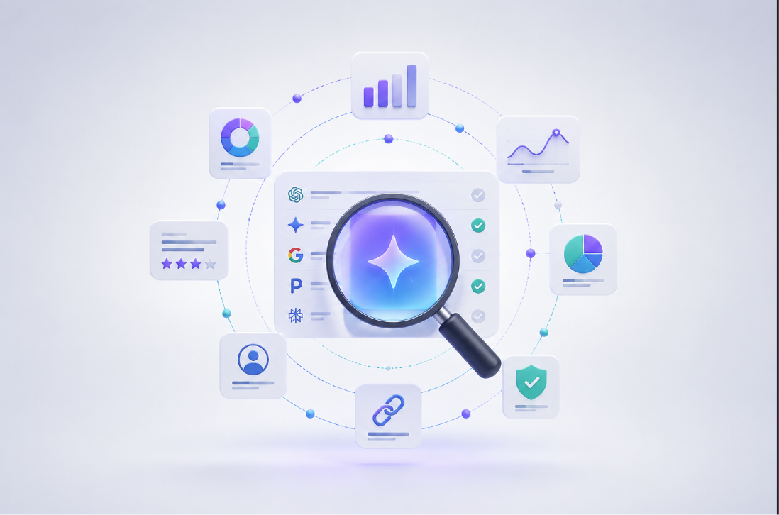 Minimal centred illustration representing AI visibility tracking metrics across generated answers.