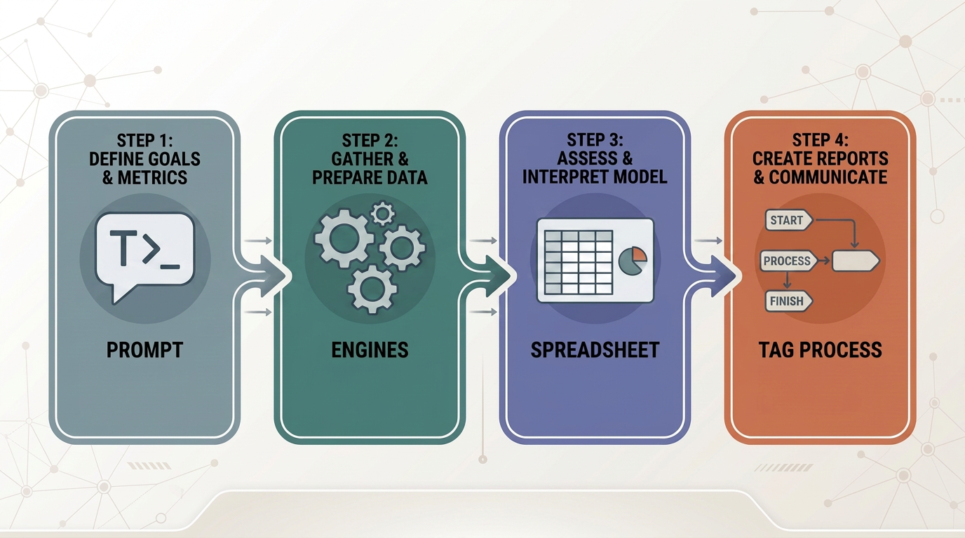 4-step manual AI visibility workflow with steps for goal setting, data collection, assessment, and reporting